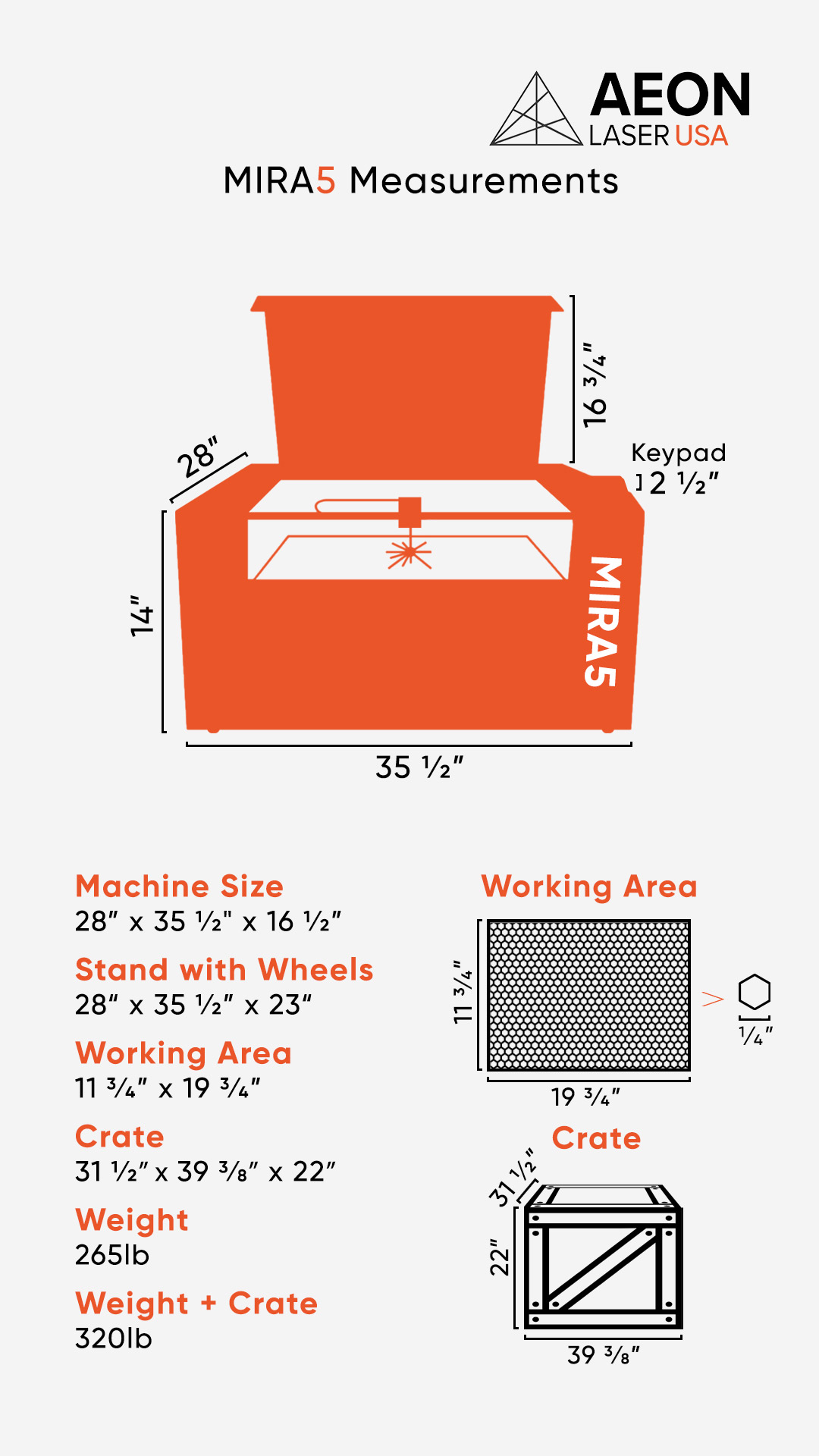 Graphic showing the dimensions of the MIRA5Legacy laser, crate size, and weight info