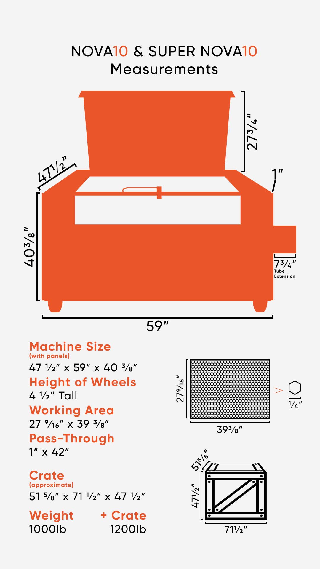 Graphic showing the dimensions of the NOVA10LEGACY laser, crate size, and weight info