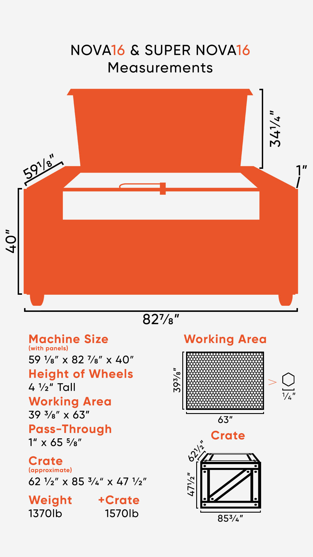 Graphic showing the dimensions of the NOVA16LEGACY laser, crate size, and weight info